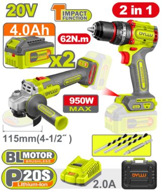 COMBO INALÁMBRICO DYLLU 20V TALADRO + ESMERILADORA 4 1/2" (UDTCK20273)